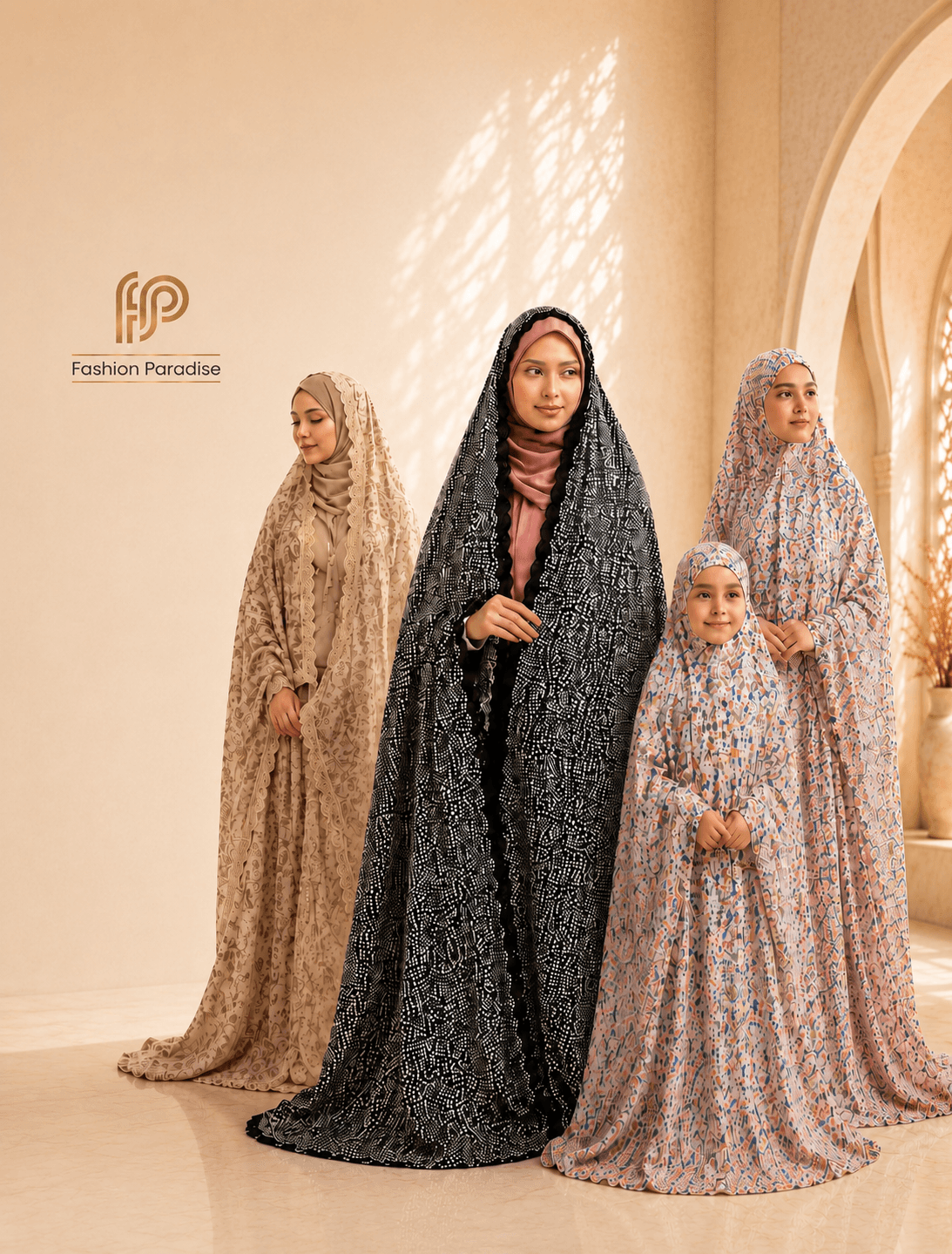 Fashion Paradise luxury modest fashion hero banner featuring women wearing premium Irani Chaddar, Lawn Chaddar, Adult Namaz Chaddar, and Kids Namaz Chaddar in an elegant beige Islamic-inspired setting.